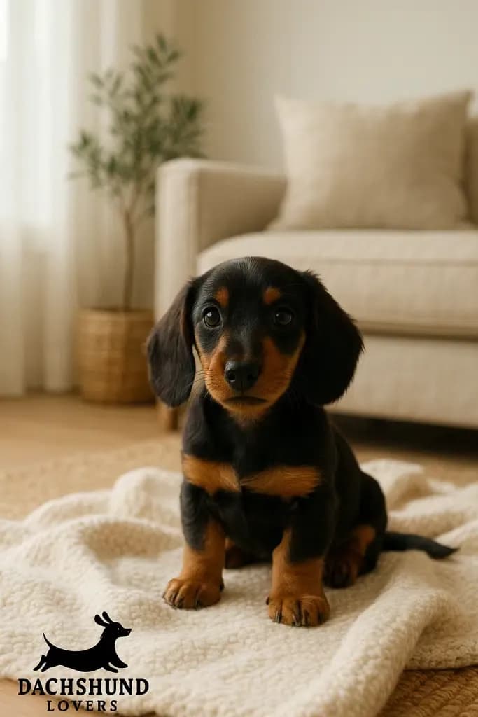 A small, black and tan dachshund puppy with large, floppy ears sits on a cream-colored, textured blanket on the floor. The puppy looks directly at the camera with a curious expression. The background is a softly-focused living room with a light-colored couch and a potted plant. The "DACHSHUND LOVERS" logo is in the bottom-left corner.
