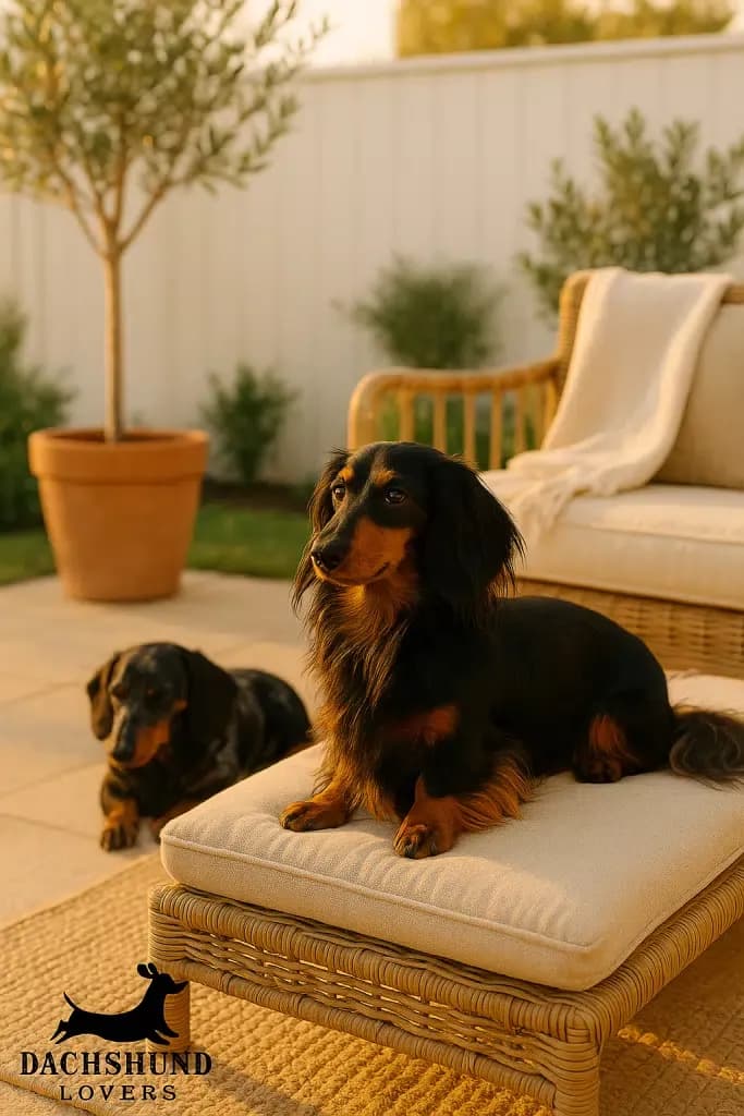 A long-haired, black and tan dachshund lies on a cushioned wicker ottoman on a sunny patio. In the background, another dachshund rests on the stone floor next to a potted plant and a wicker chair. The "DACHSHUND LOVERS" logo is in the bottom-left corner.