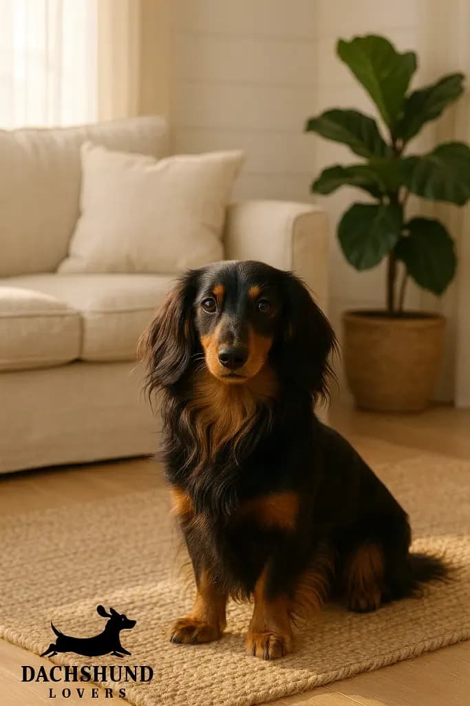 A long-haired Dachshund with black and tan markings is sitting on a woven jute rug in a bright, modern living room. A light-colored sofa and a potted fiddle leaf fig plant are visible in the background.