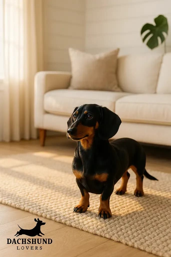 A smooth-haired miniature Dachshund with black and tan markings stands on a woven rug in a bright, sunlit living room with a white sofa and a potted Monstera leaf in the background.