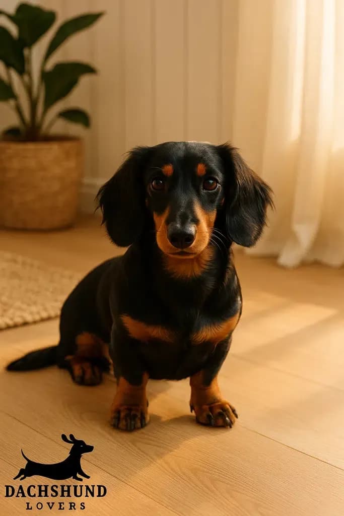 A smooth-haired black and tan Dachshund sits on a light wood floor in a sunlit room. A potted plant in a wicker basket is visible in the background.