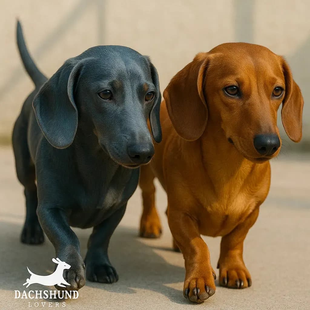A blue dachshund and a red dachshund walking side by side in sunlight, showcasing the visual difference between the two coat colors. Dachshund Lovers logo in bottom left corner.