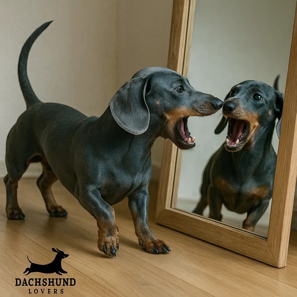 A blue dachshund barking at its own reflection in a mirror, captured in a playful moment on a hardwood floor. Dachshund Lovers branding in the corner.