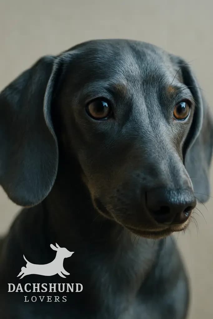 Close-up of a blue dachshund’s face in soft natural light, highlighting its smooth coat and soulful eyes. Branding from Dachshund Lovers is visible.