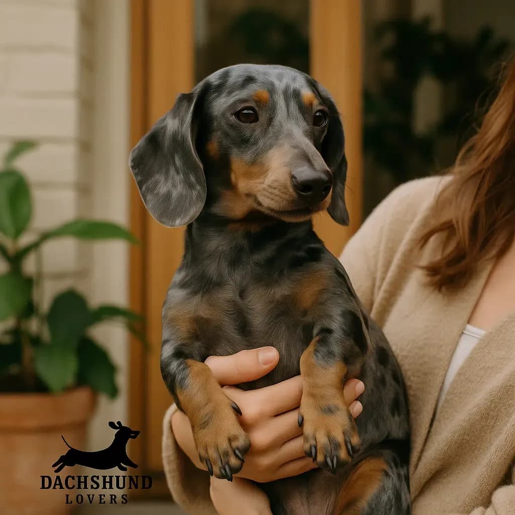 Blue dapple dachshund being gently held by its owner in a cozy home setting, with plants and soft tones in the background, and the Dachshund Lovers logo present.