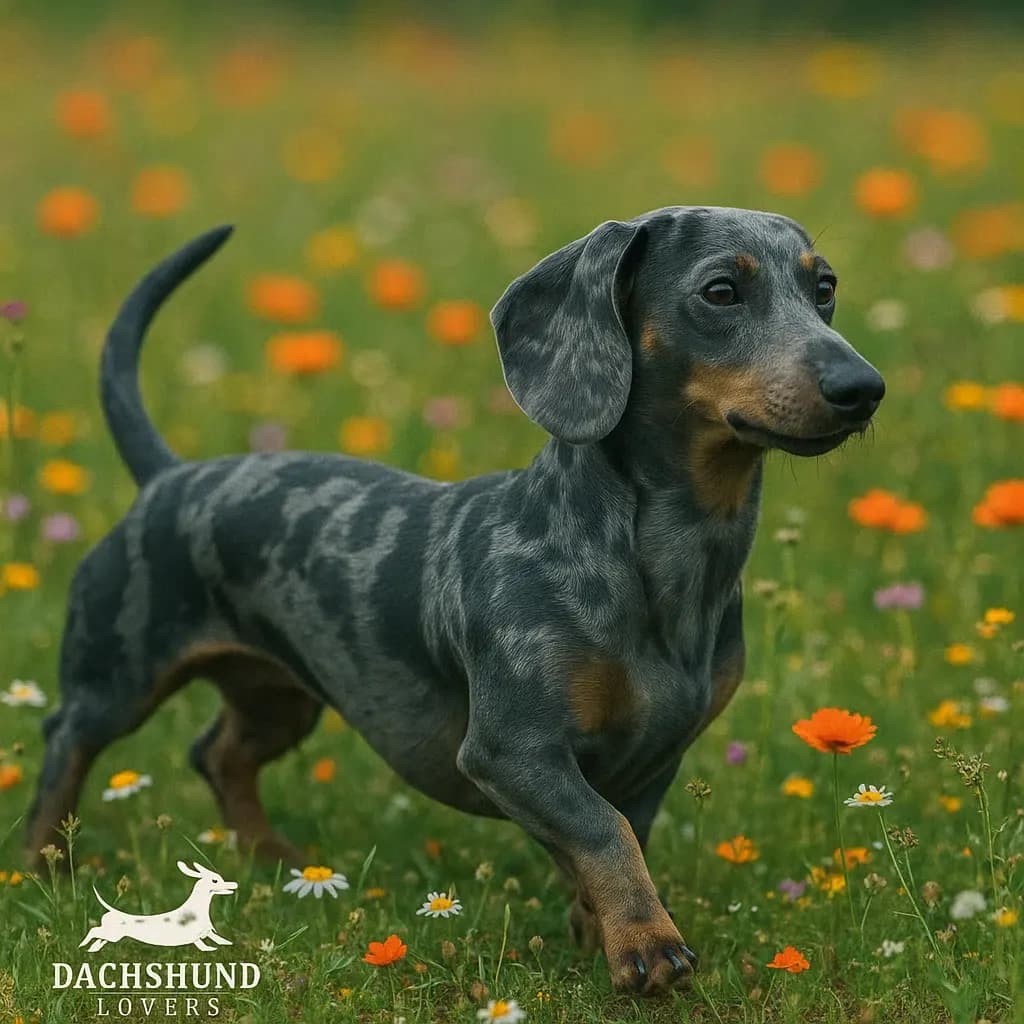Blue dapple dachshund walking through a colorful field of wildflowers, alert and curious, with the Dachshund Lovers logo in the bottom left corner.