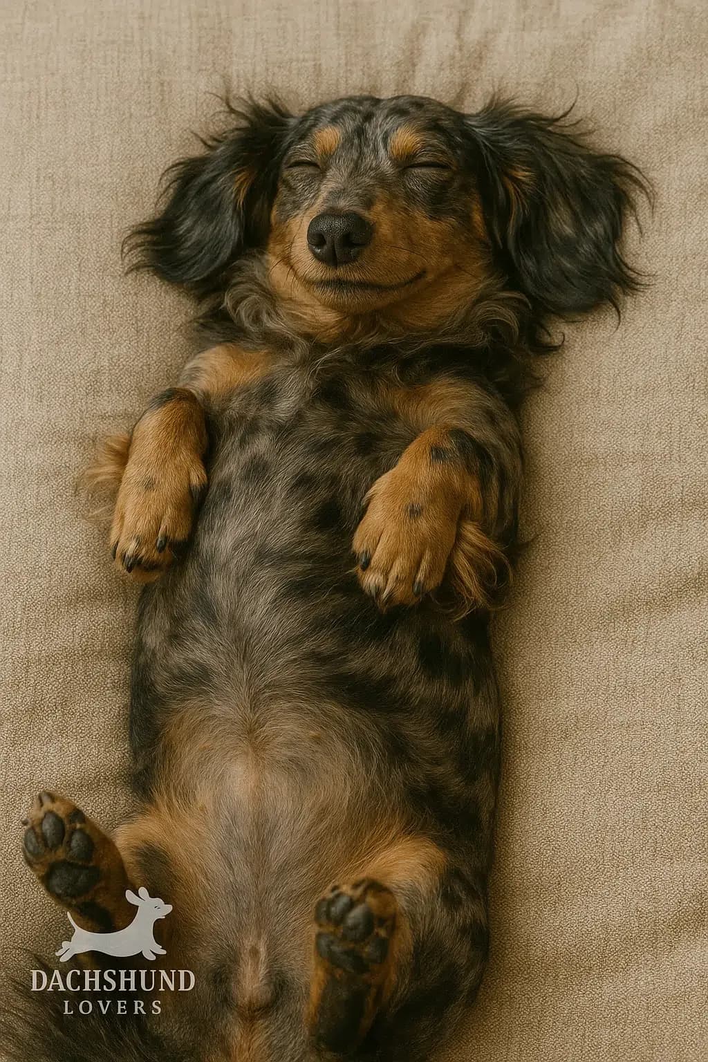 Blue dapple dachshund sleeping peacefully on its back on a beige couch, paws relaxed and eyes closed, with Dachshund Lovers logo bottom left.