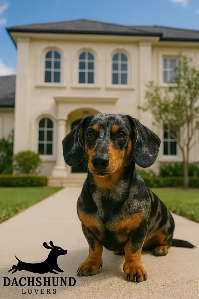 Blue merle dachshund sitting on a front pathway outside a cream-colored Sydney home, with the Dachshund Lovers logo in the bottom left corner.