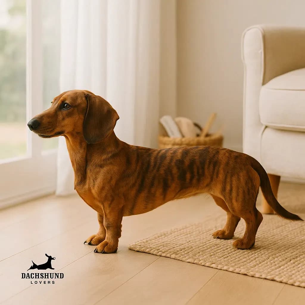 Brindle dachshund standing beside a sunlit window in a Hamptons-style home with natural flooring, cream walls, and a jute mat.