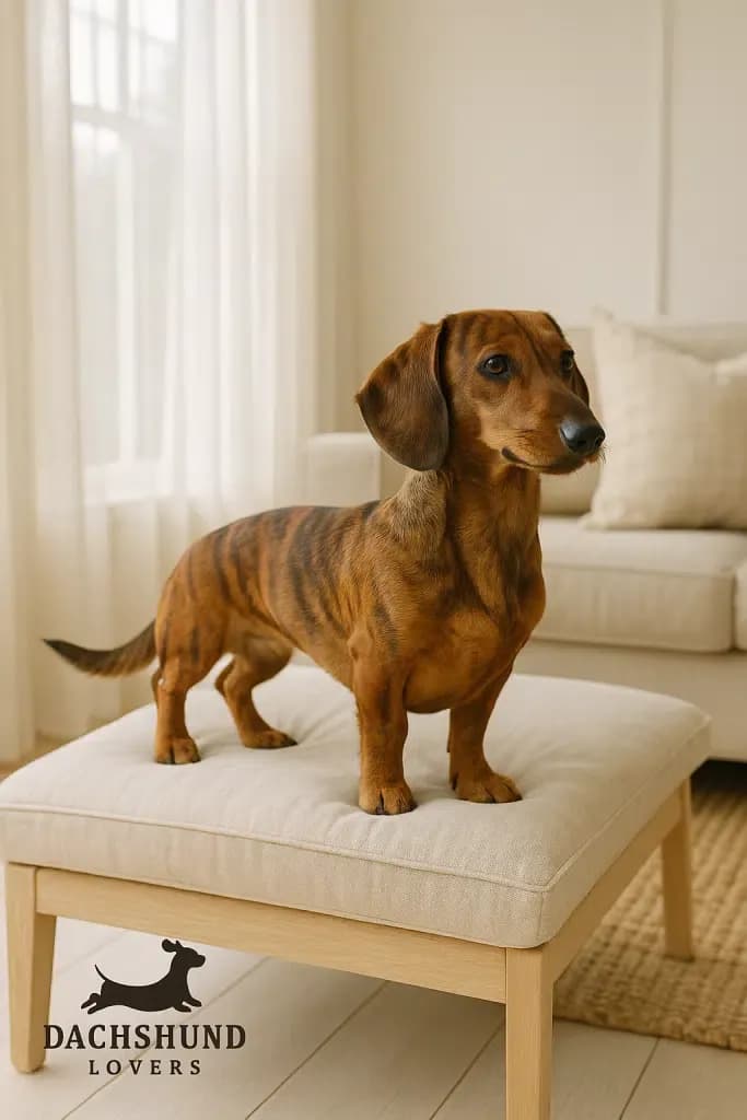 Brindle dachshund standing alert on a cream ottoman in a Hamptons-style living room, with neutral furniture and soft light streaming in.