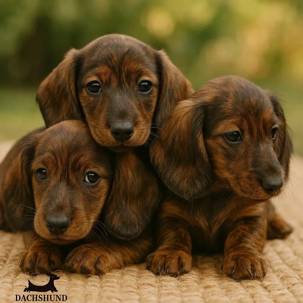 Three brindle dachshund puppies cuddled together on a woven mat outdoors