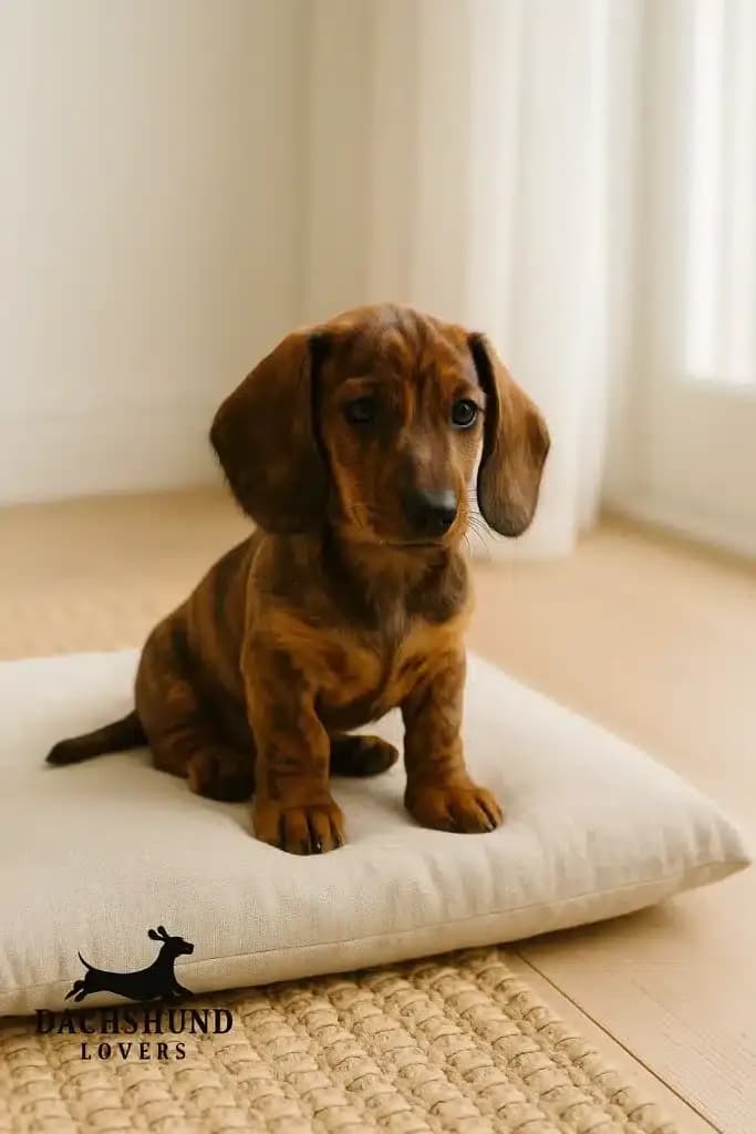 Brindle dachshund puppy sitting on a beige cushion in a bright indoor room