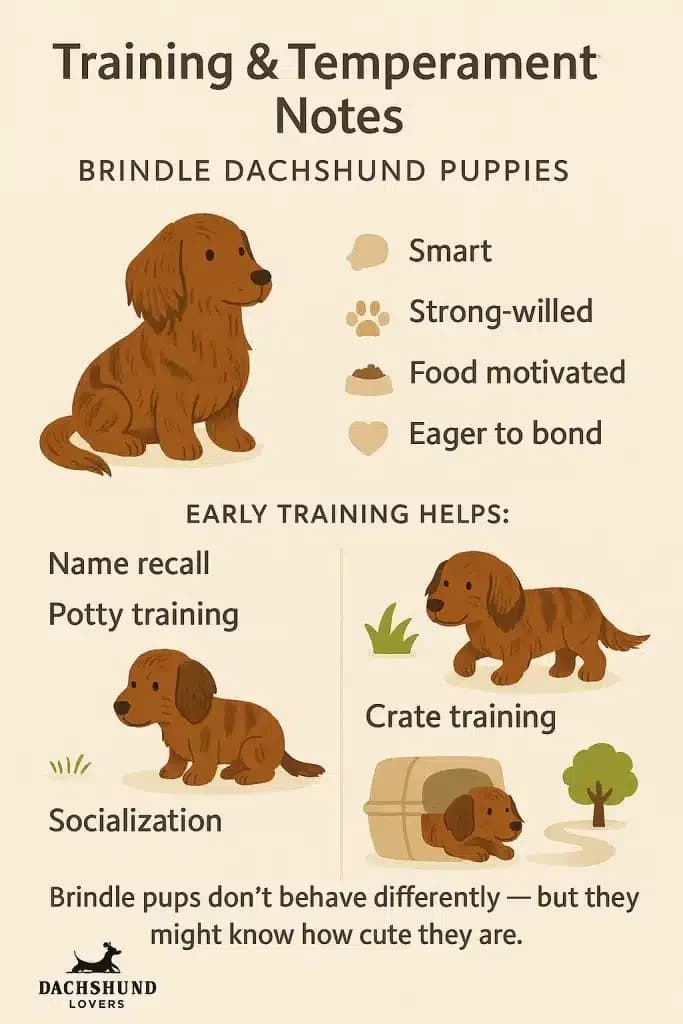 Illustrated infographic showing training tips and personality traits for brindle dachshund puppies