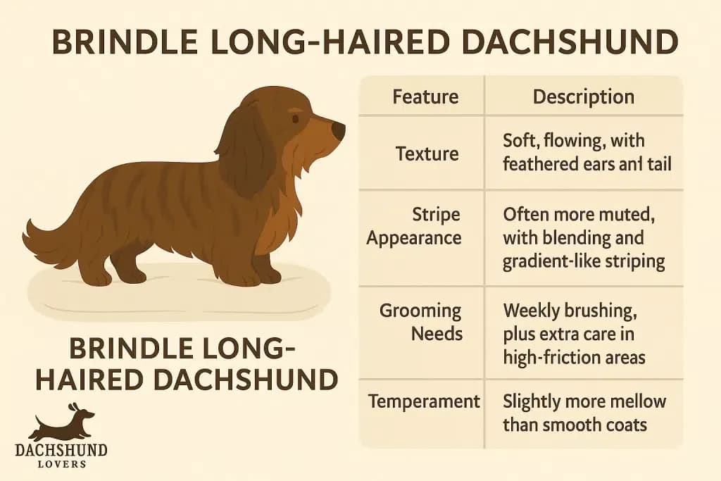 Infographic showing features of a brindle long-haired dachshund including coat texture, grooming, stripe appearance, and temperament