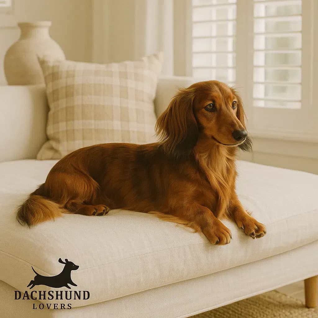 Brindle long-haired dachshund lying on a white sofa in a bright Hamptons-style sunroom