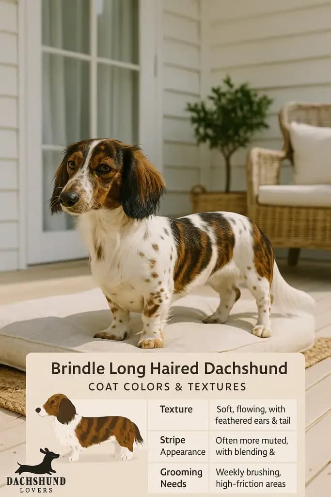 Brindle long-haired piebald dachshund on cushion with grooming infographic in Hamptons-style deck setting