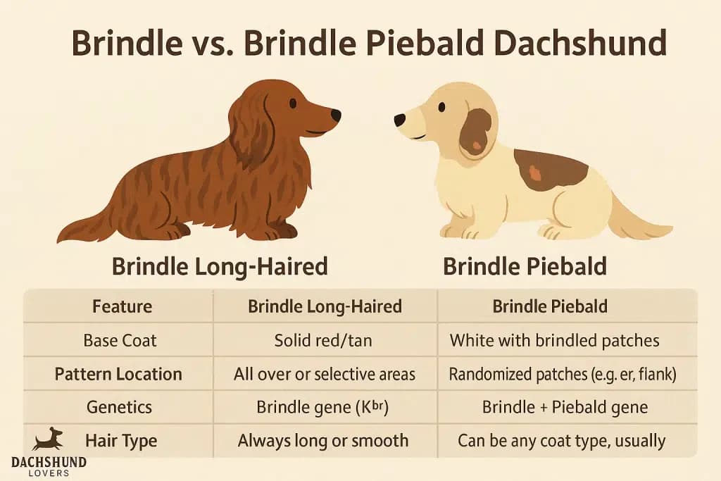 Infographic comparing brindle long-haired and brindle piebald dachshunds by coat color, pattern, genetics, and hair type