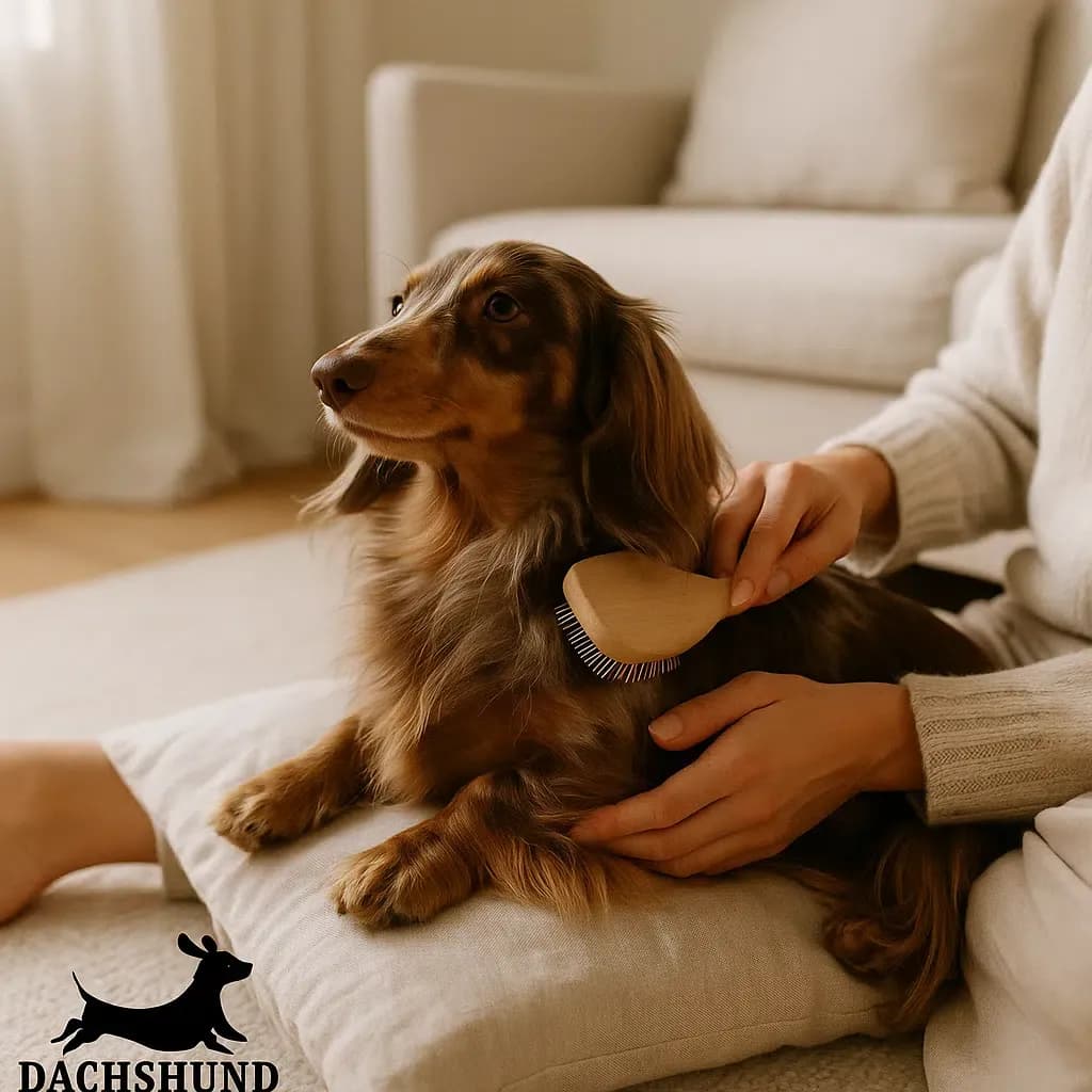 Long-haired chocolate dapple dachshund being gently brushed on a soft cushion in a cozy, neutral-toned living room.