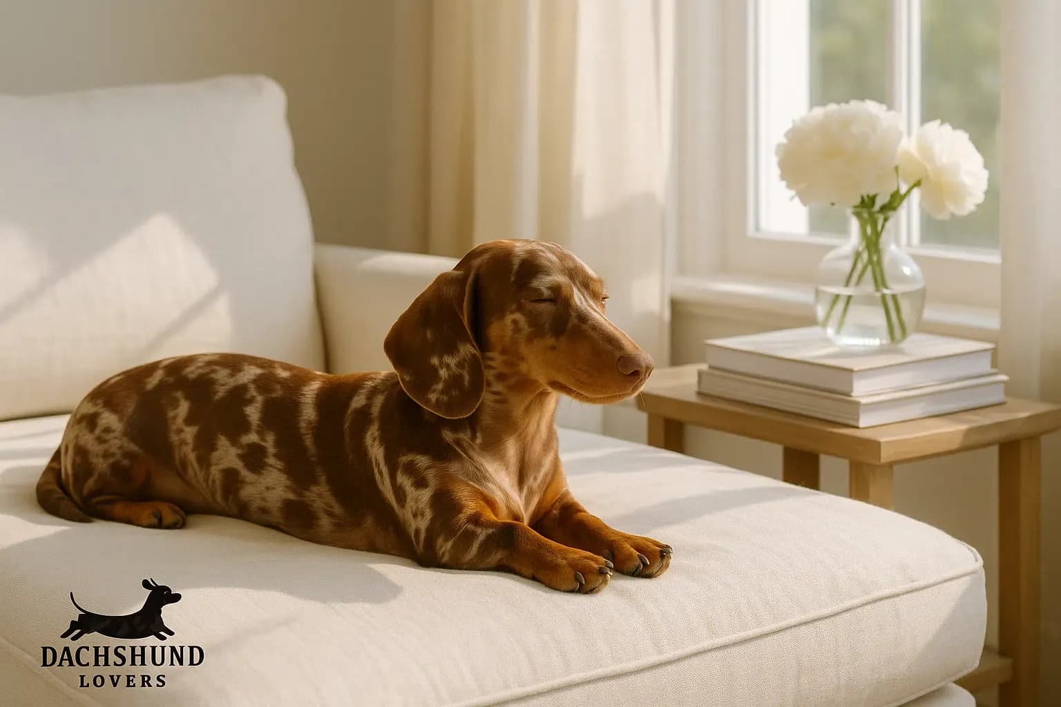 Chocolate dapple dachshund resting on a cream chaise lounge near a sunlit window with white peonies and books — minimalist Hamptons-style setting