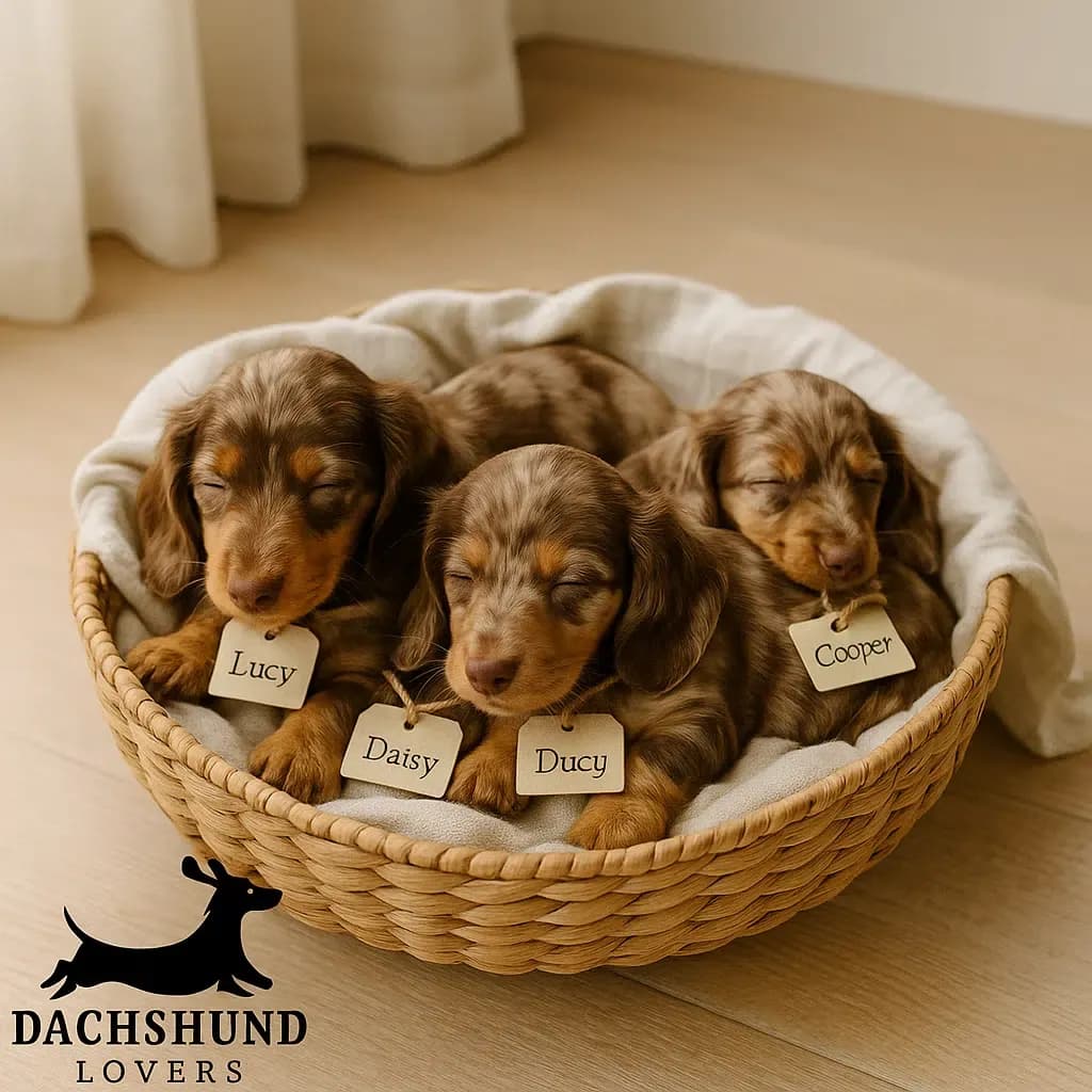 Four chocolate dapple dachshund puppies named Lucy, Daisy, Ducy, and Cooper sleeping in a woven basket on a light wooden floor