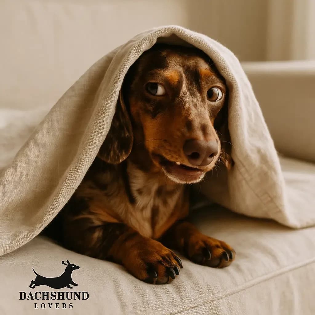 Chocolate dapple dachshund giving a side-eye expression while resting under a linen blanket on a cream sofa.