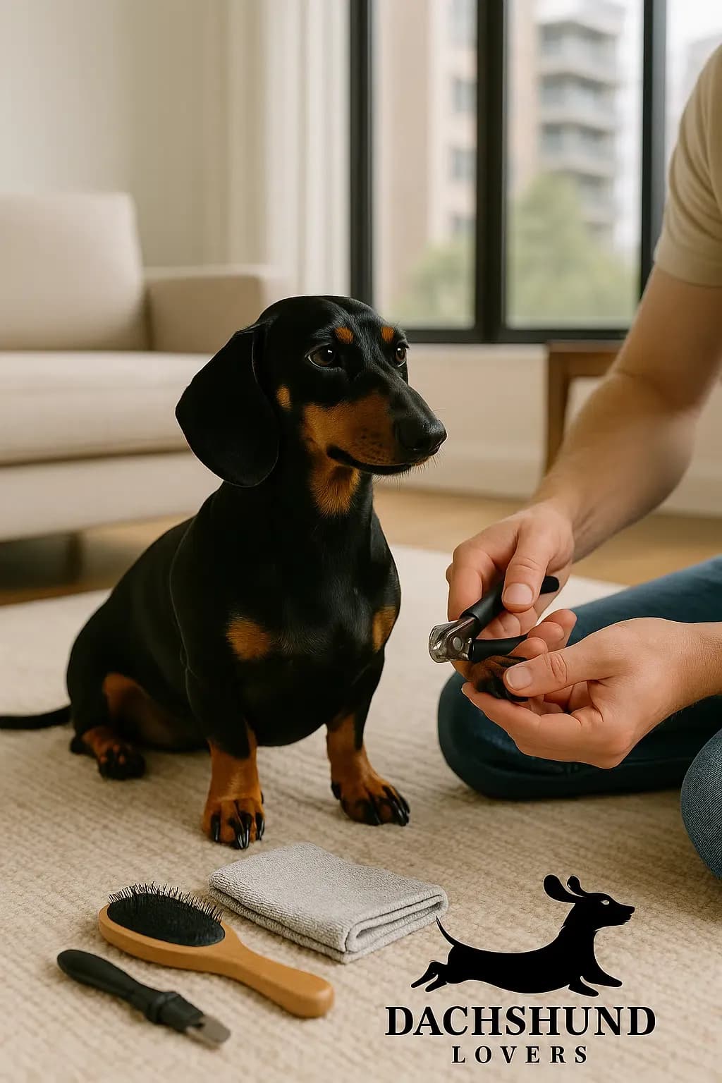 Black and tan smooth-haired dachshund sitting calmly on a light-colored rug in a bright Wollongong apartment while its owner trims its nails with professional pet nail clippers. Grooming tools are neatly arranged nearby, and the Dachshund Lovers logo is in the bottom right corner.