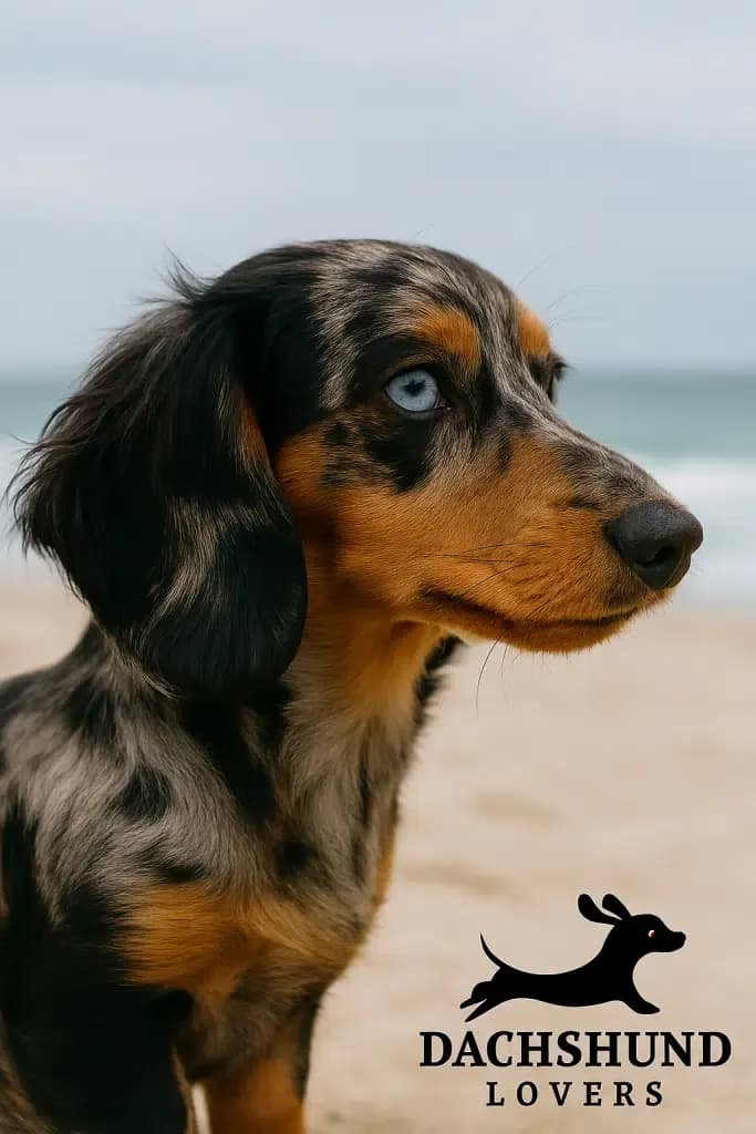 Dapple dachshund with blue eyes looking into the distance at the beach."