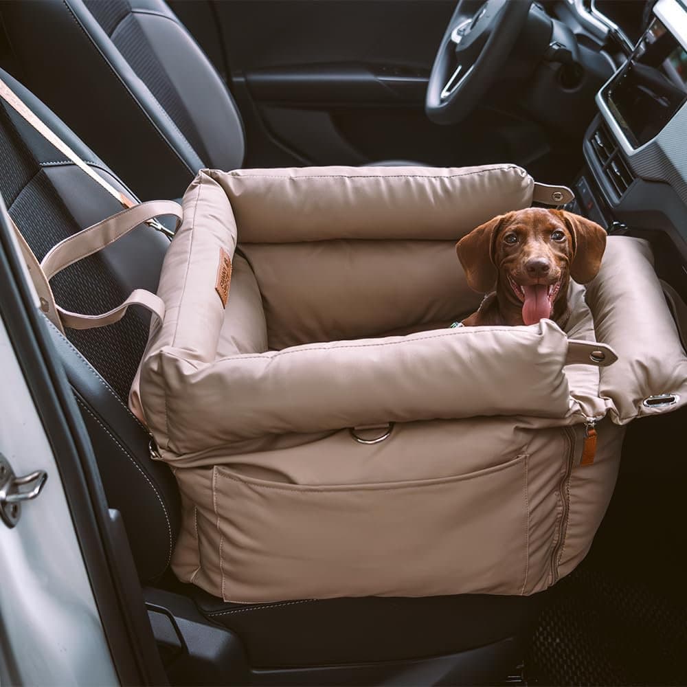 Dachshund in funnyfuzzy dog car seat light khaki