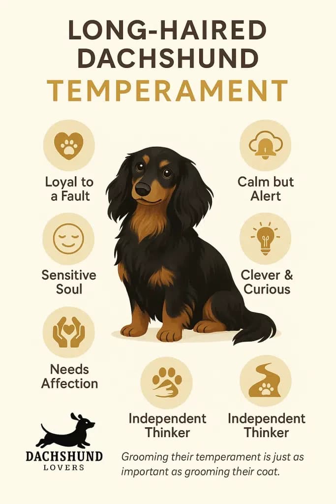Infographic detailing the Long-Haired Dachshund Temperament, listing traits such as: Loyal to a Fault, Calm but Alert, Clever & Curious, Independent Thinker, Needs Affection, and Sensitive Soul, surrounding an illustration of a black and tan long-haired Dachshund.