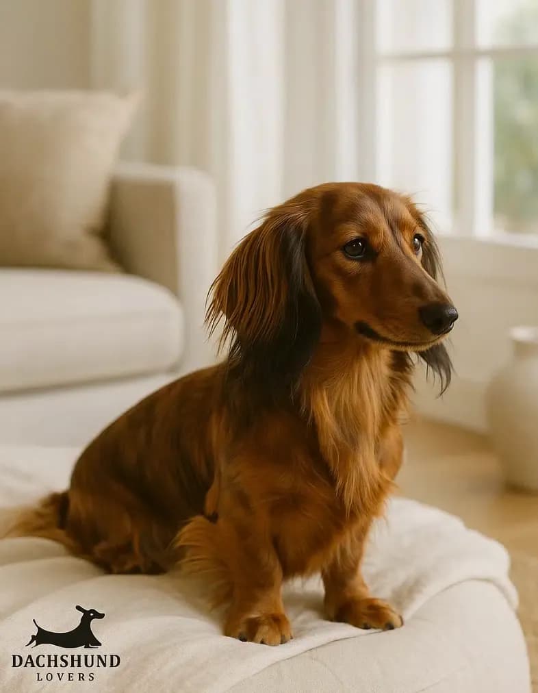 Long-haired dachshund sitting on a cream cushion in a cozy, light-filled living room