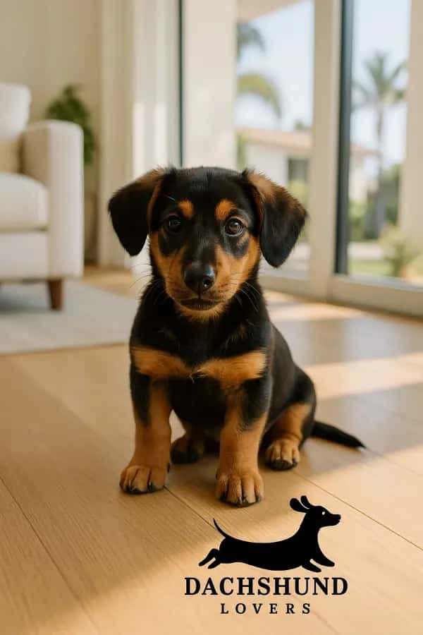 A 12-week-old German Shepherd Dachshund mix puppy sitting on a hardwood floor
