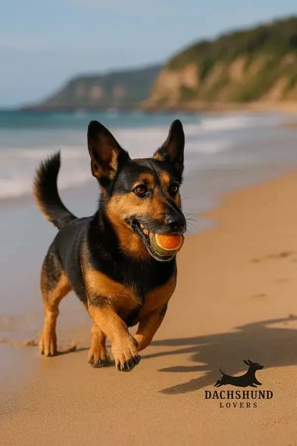 An 8-year-old German Shepherd Dachshund mix playing with a tennis ball on the beach