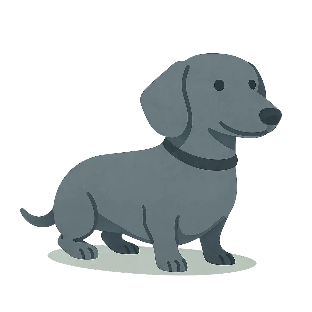 Blue-grey cartoon dachshund sitting.