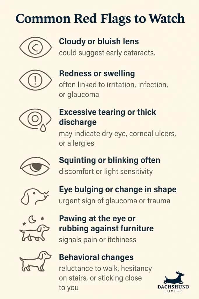 Infographic of common pet eye health red flags, showing symptoms with icons and cautionary tone.