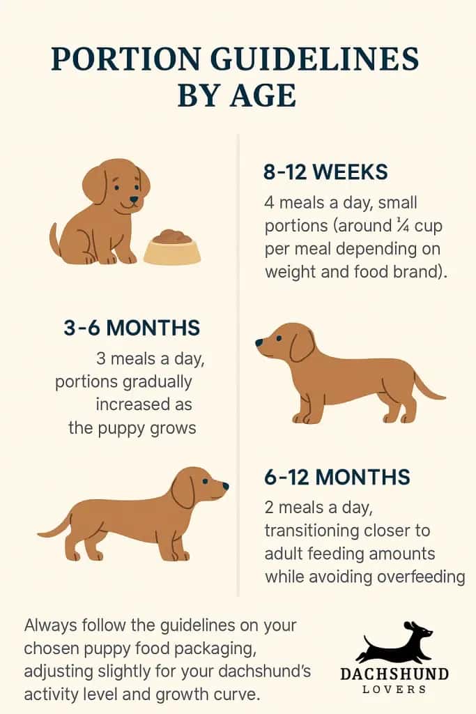 Alt text: "Dachshund puppy feeding guidelines infographic. At 8-12 weeks, feed 4 small meals daily. At 3-6 months, 3 meals with increasing portions. At 6-12 months, 2 meals transitioning to adult amounts. Includes cute dachshund illustrations and a note to follow food packaging guidelines."