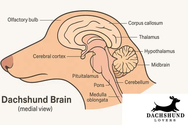 A labeled diagram showing the medial view of a dachshund's brain