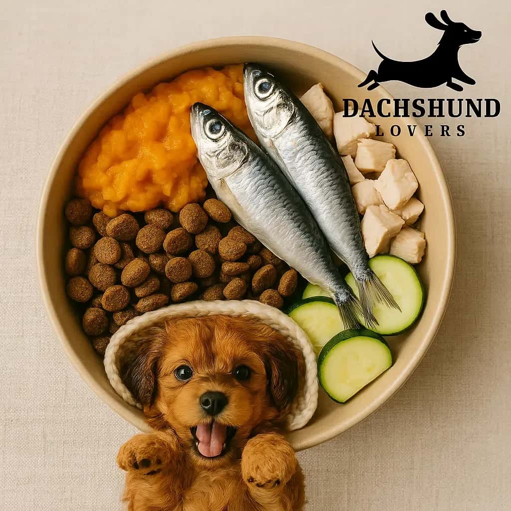 A bowl with dog food, raw fish, zucchini, chicken, and mashed carrots. Below