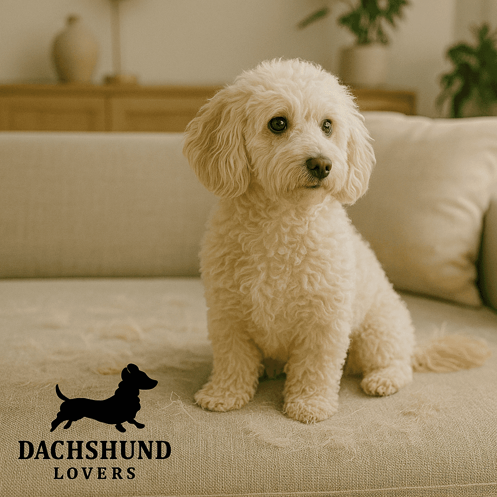 A fluffy cream-colored dog sits on a light beige couch, looking alert. The room has a calm tone