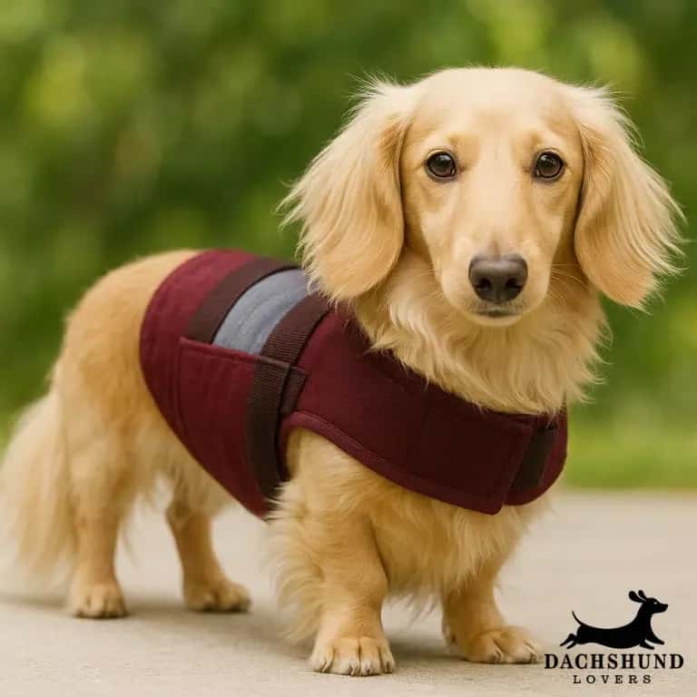 A blonde dachshund stands on a path, wearing a maroon and grey harness. evoking a peaceful