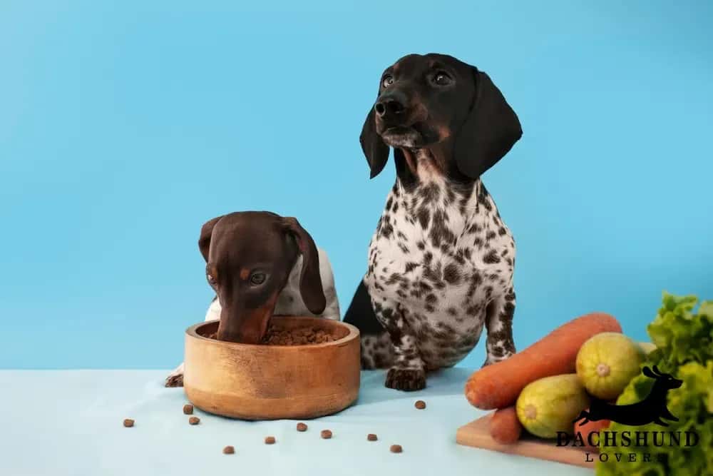 Two dachshunds sit against a blue background. One eats from a wooden bowl, while the other looks forward. Fresh veggies are nearby, evoking a playful tone.