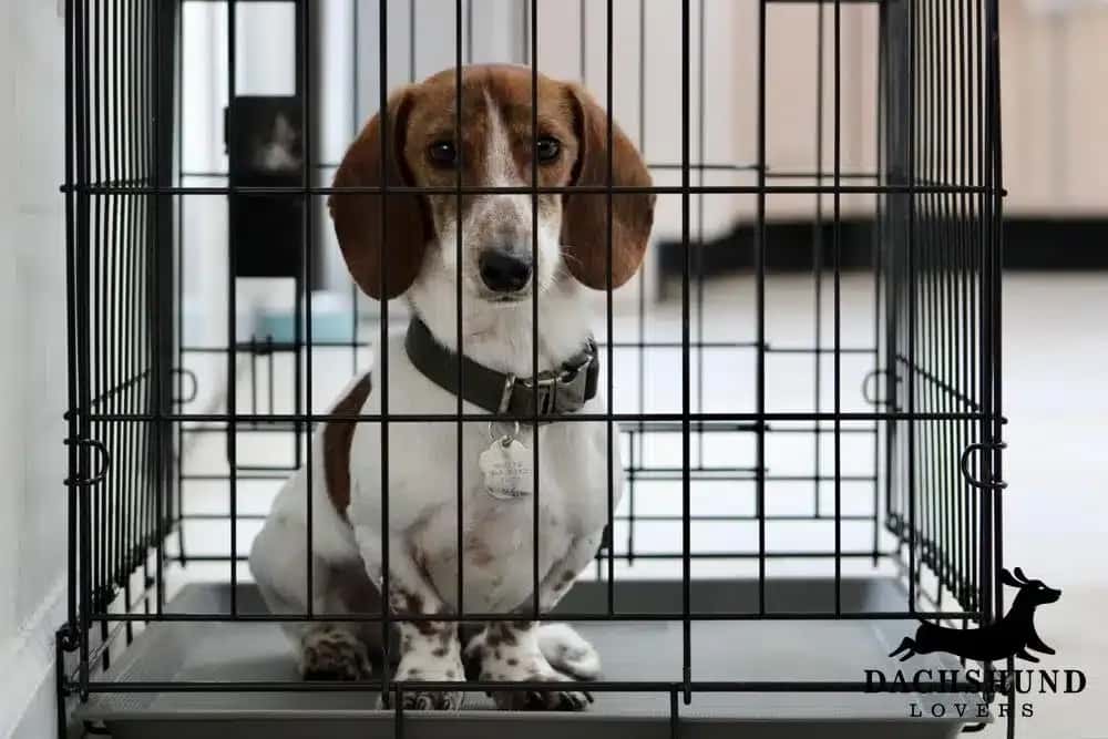 Dachshund in a crate resting as part of IVDD back treatment and recovery care