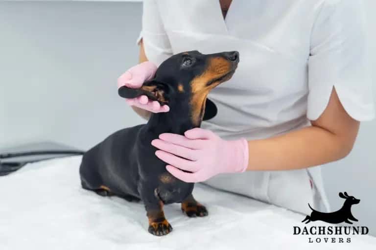 A Dachshund is examined by a person , creating a caring and gentle atmosphere
