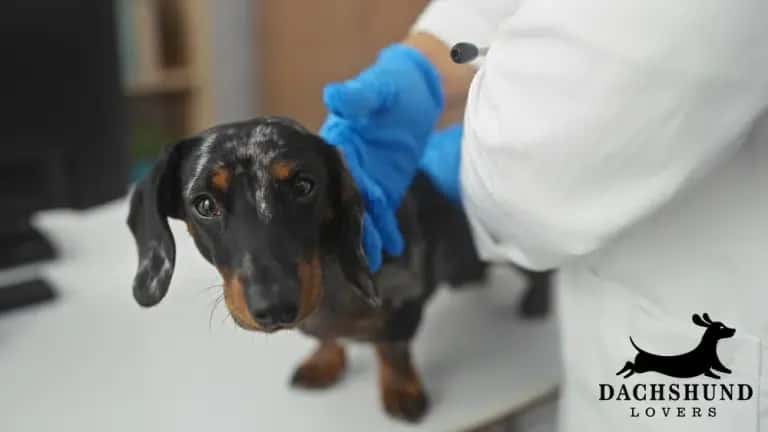 A black-and-tan dachshund puppy on a table is being examined by a vet in blue gloves.