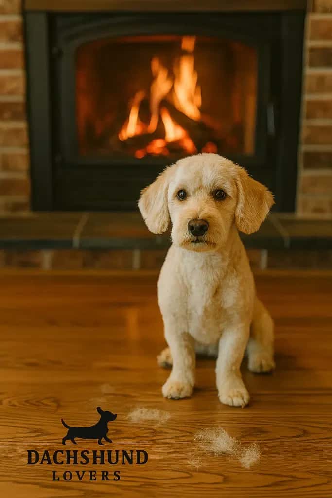 A small, freshly groomed dog sits on a wooden floor in front of a cozy fireplace