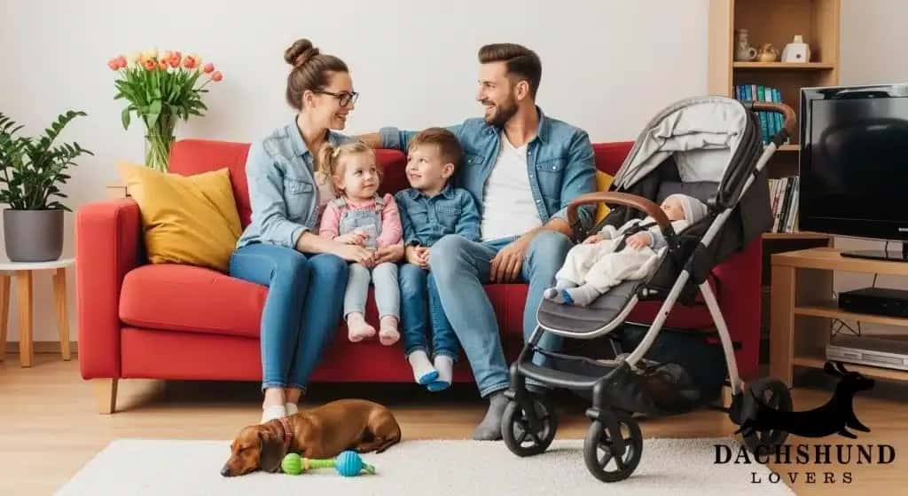 Family with young children and a dachshund relaxing together at home