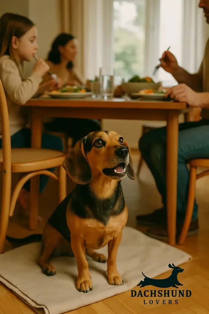 A small dog sits on a mat, looking up eagerly near a dining table where a family is eating.