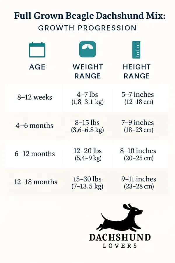 Infographic Beagle-Dachshund mix growth progression with age, weight, and height