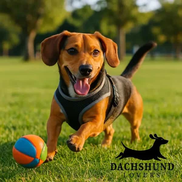Beagle dachshund mix playing with a colorful ball in a sunny park in Concord, wearing a harness