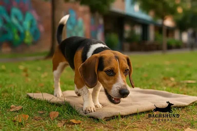 Beagle Dachshund mix sniffing the grass in a Newtown park, showing scent-driven curiosity.