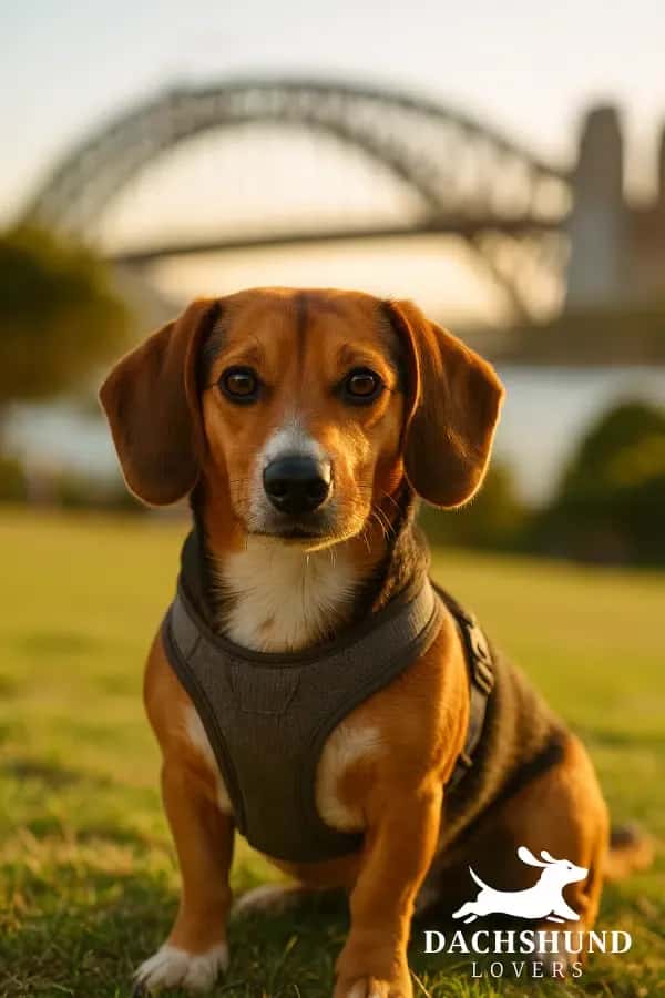 A brown dachshund wearing a gray harness sits alertly on grass. The background features a blurred